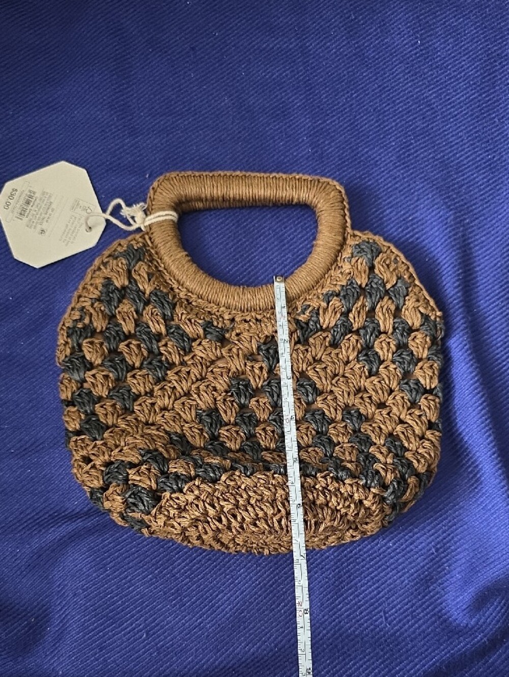 Woven Brown and Black Straw Handbag with Top Handle - Picture 4 of 6